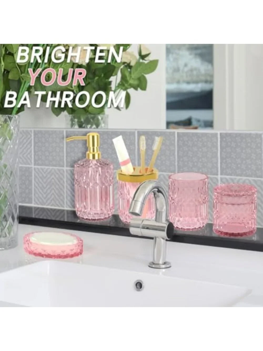 5-Piece Pink Bathroom Accessories Set - Modern Glass Decor, Soap Dispenser